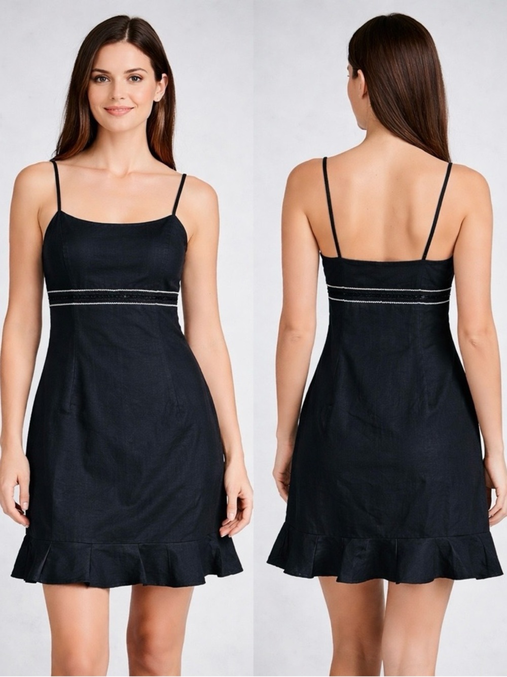 Tocca Dress Silk‎ Linen Black Ruffled Fit Flare Empire Lace Waist Ruffle Hem 2